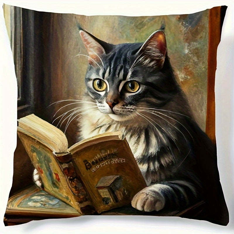 Peach skin pillowcase with cute cat reading book design, ideal for home, car, or living room decoration