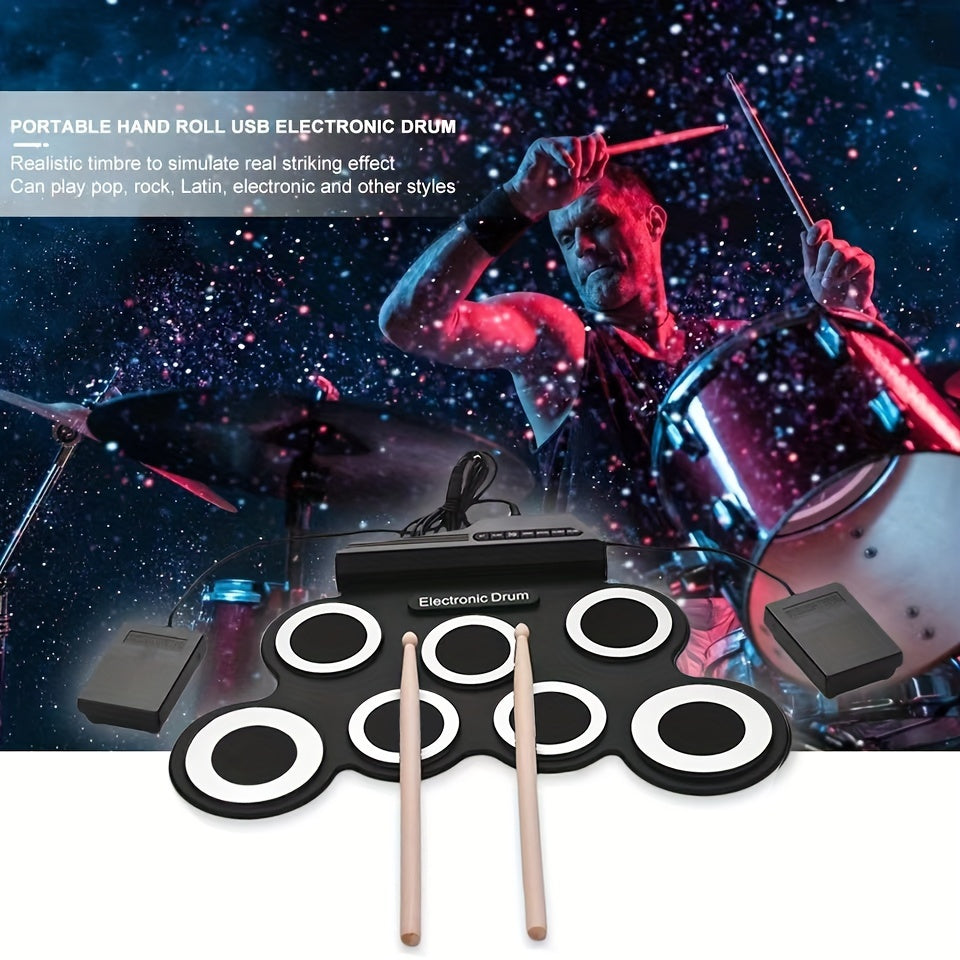 Compact and portable electronic drum kit for beginners, features USB MIDI, headphone jack, built-in metronome, and battery power. Ideal for drum practice and includes basic functions.