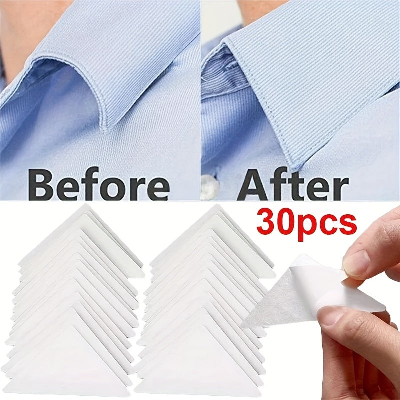 30 elegant collar shaper stickers in a pack, made of clear triangle tape with PE plastic, anti-roll feature and fixed pads for maintaining a tidy stand collar on T-shirts.