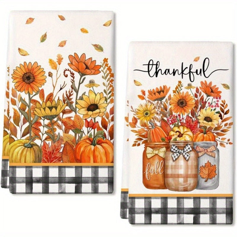 Set of 2 Kitchen Towels measuring 45.72*66.04 cm featuring Autumn pumpkin elements for home decor. These towels are reusable and perfect for adding a touch of individuality to your kitchen or party decorations. They also make a great holiday gift, with