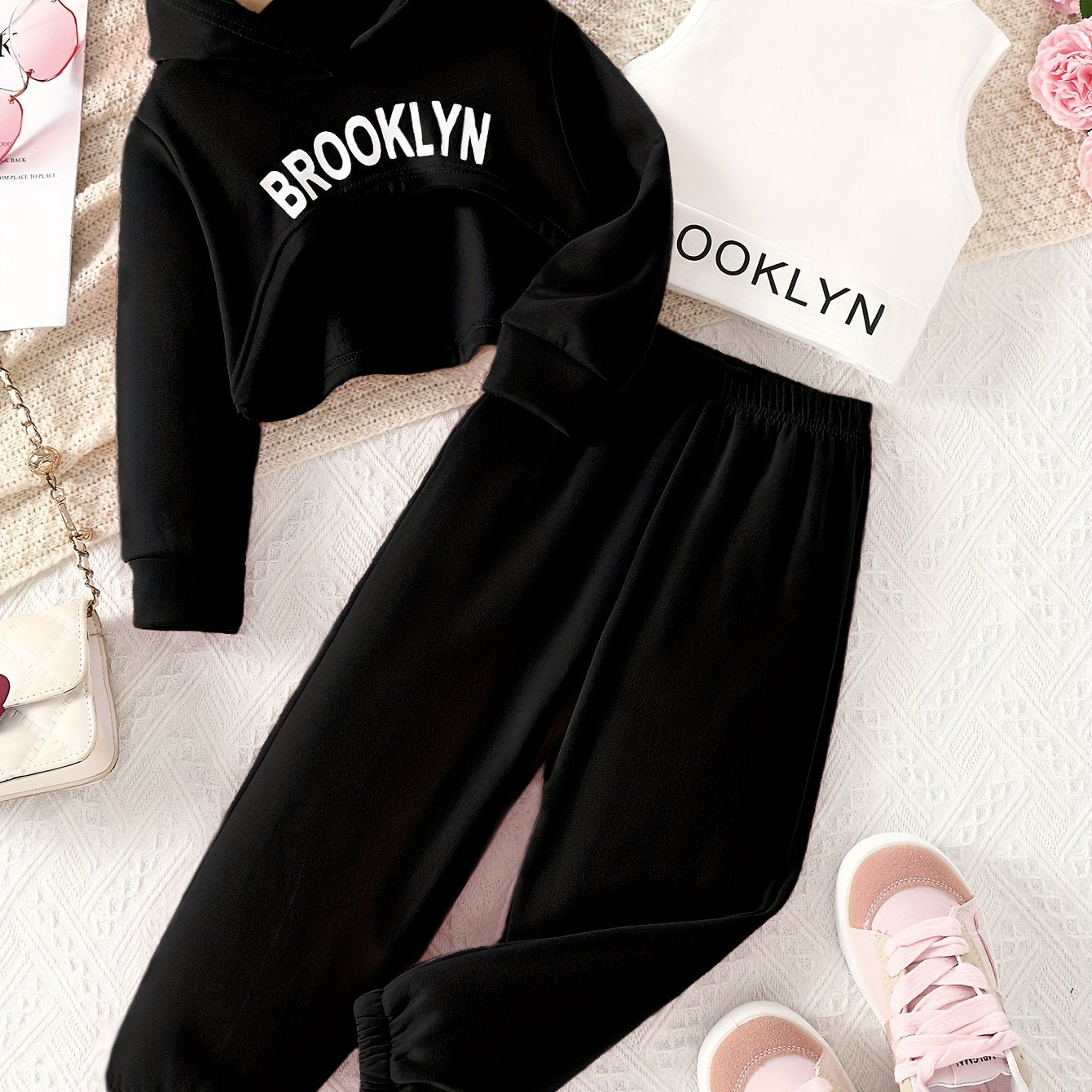 Stylish girls' outdoor clothing set for spring and autumn includes a hooded sweatshirt, vest, and pants with letter print. Perfect for casual or special occasions.