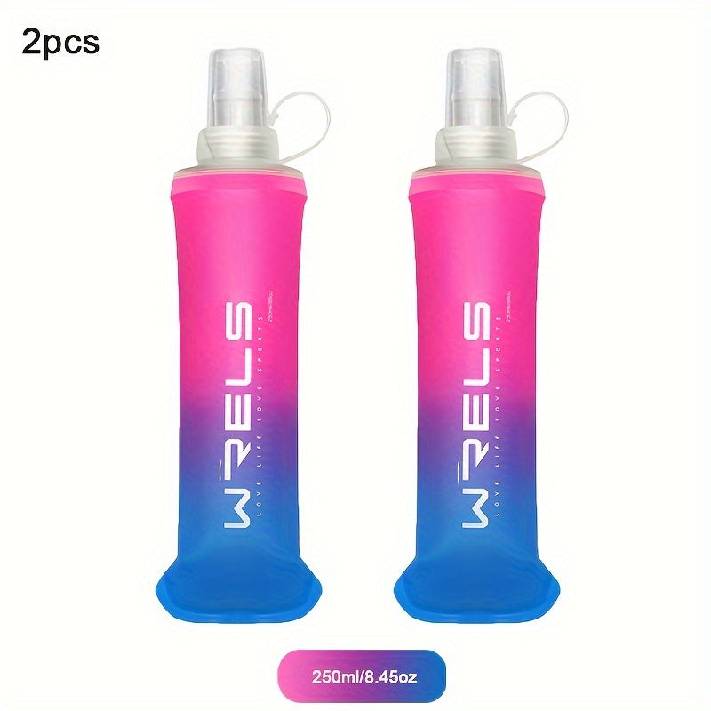 WRELS 2pcs collapsible silicone water bottles in sizes 8.5oz & 17oz, BPA-free for running, hiking, and cycling.