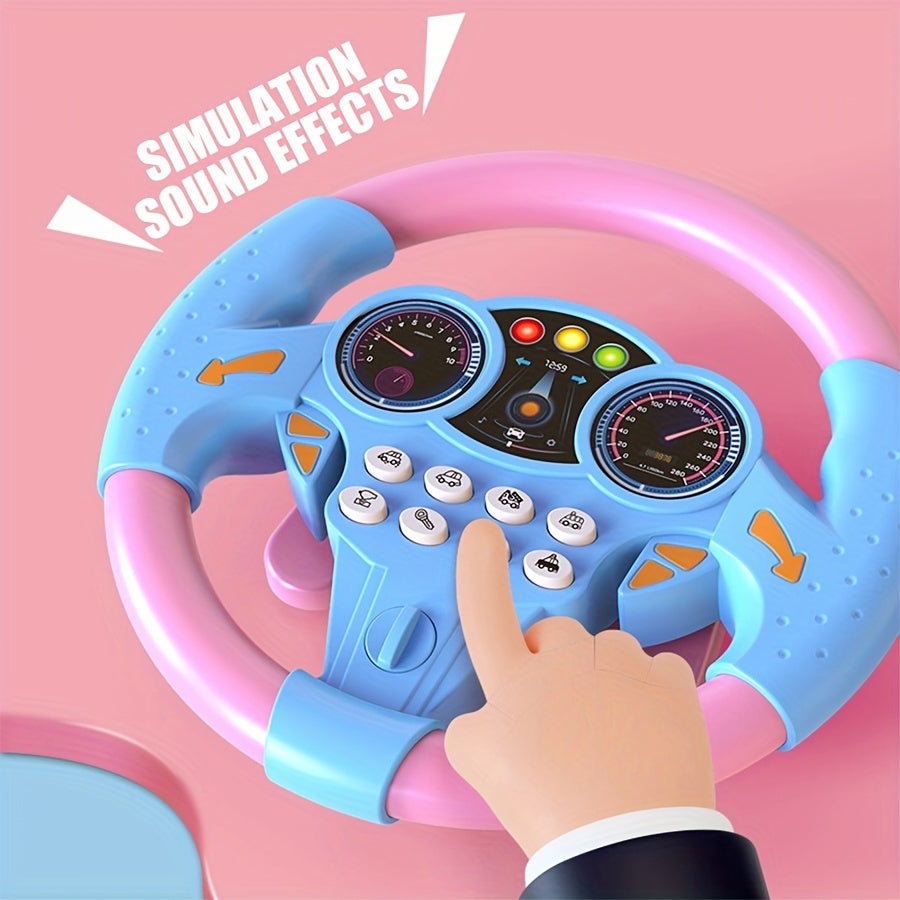 Kids simulated driving controller with interactive car steering wheel toy made of ABS resin in assorted colors, no batteries included. Great educational activity gift.