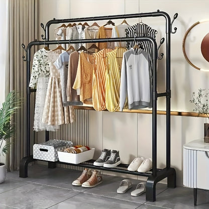 Large capacity, floor-standing clothes drying rack with double pole design. Suitable for bedroom, balcony, or bathroom. Requires self-assembly.