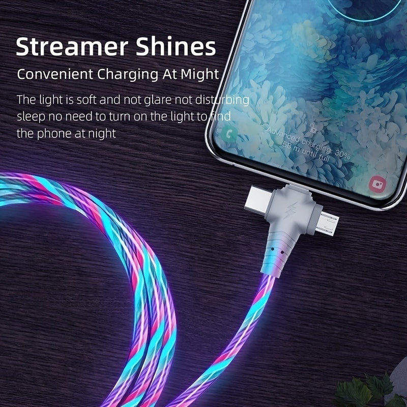 3-in-1 Flowing Glow Cable with 12W charger for iPhone and other devices, 10-20W input/output, made of PVC material with no data transfer, Brand Name.