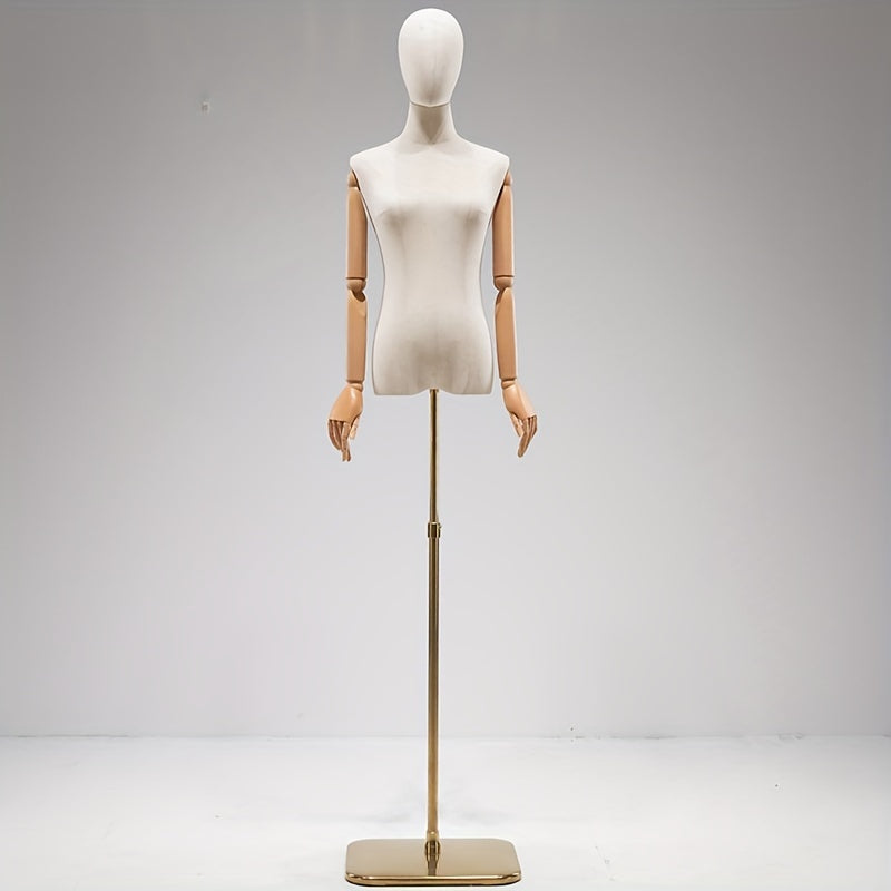 White mannequin with iron base, full body dress form with plastic arms - perfect for clothing display and wedding dress showcase.