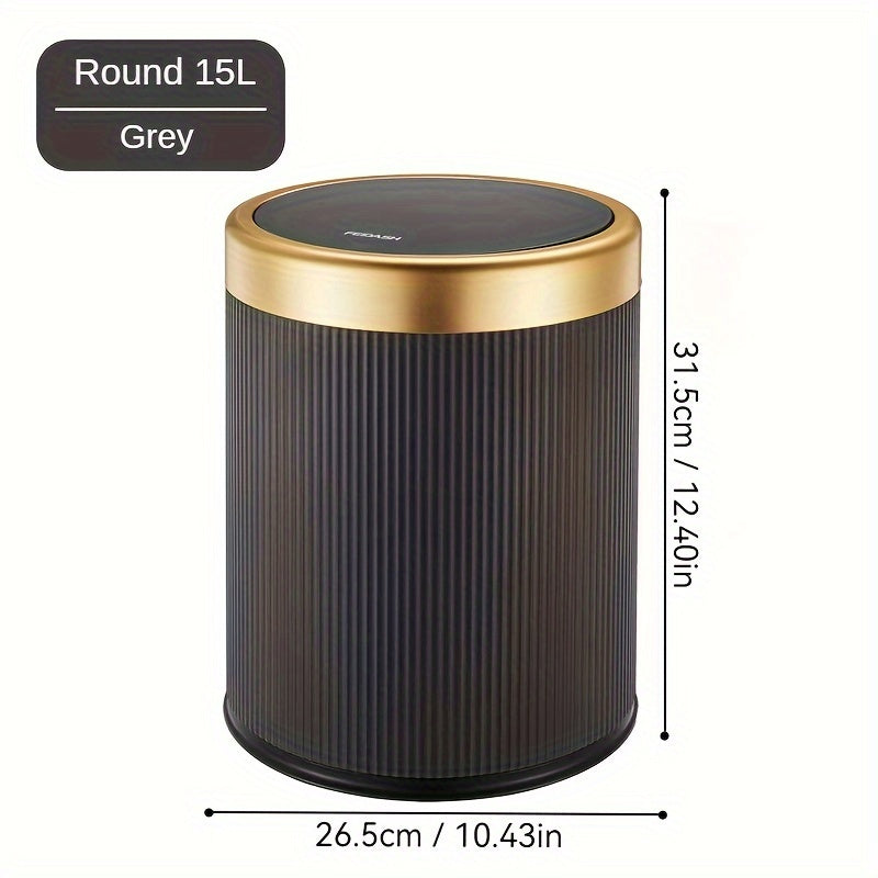 Cylindrical covered trash can for kitchen, bedroom, and living room with manual lifting lid.