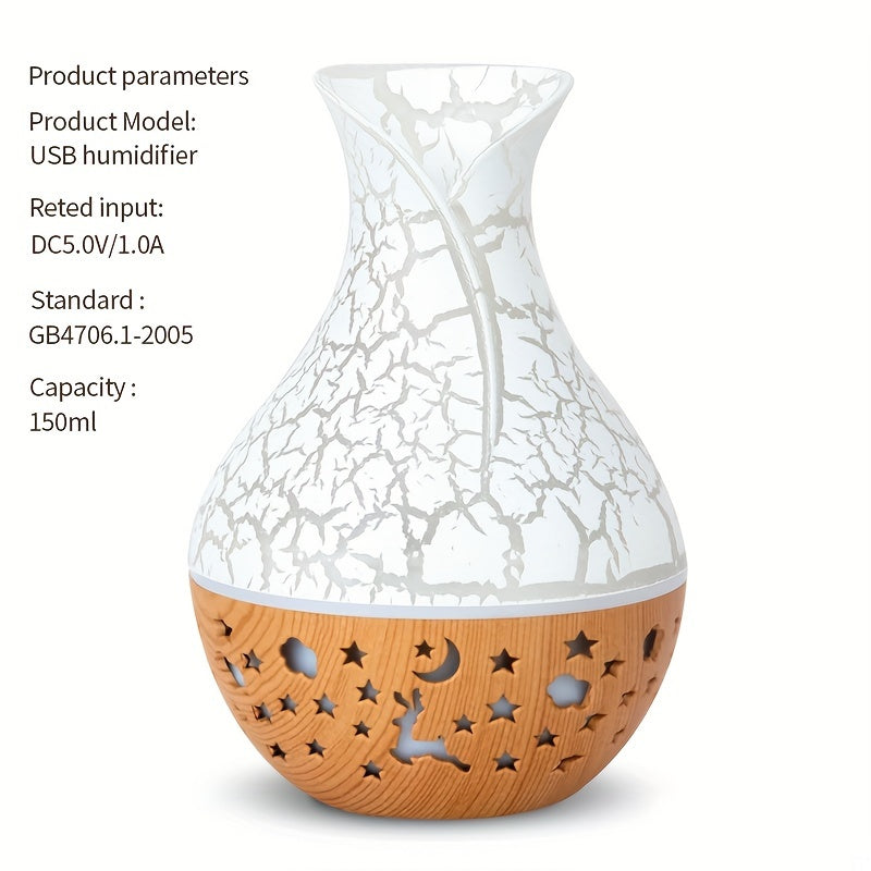 New 150ml vase-shaped air humidifier with hollow wood grain design, LED light, and small night light. USB-powered and automatic shut-off. Ideal for office, home, or bedroom.