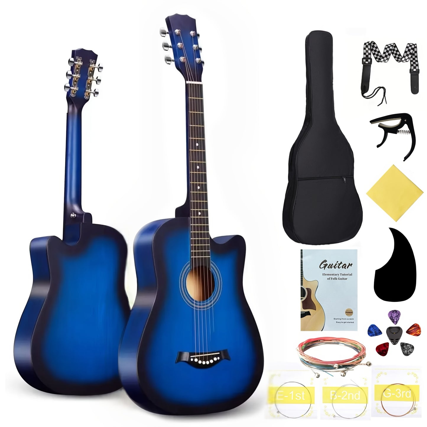 38-Inch Acoustic Guitar Starter Kit for Beginners, Includes Backpack, Strap, Capo, Picks, Picks Case, Strings, Cloth, Stickers, and Instructions.