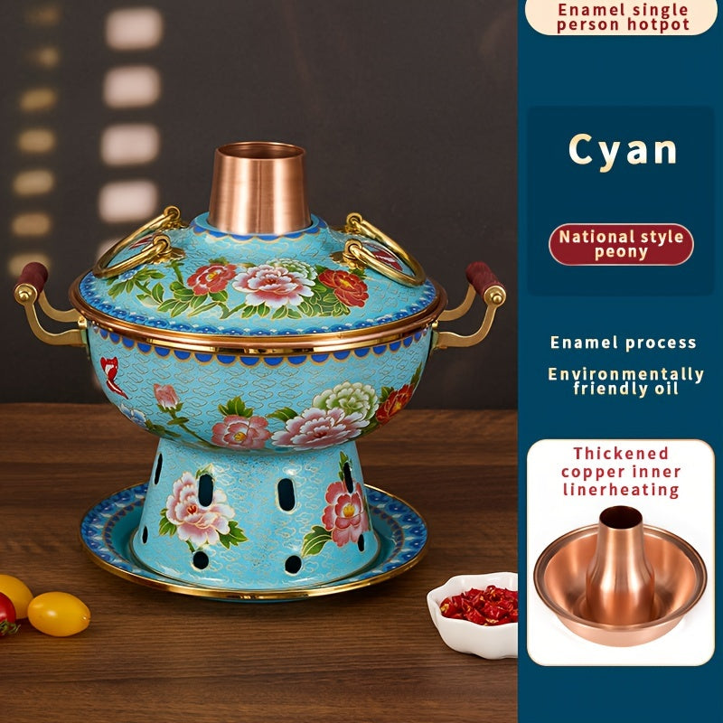 Small single serving enamel-coated copper hot pot featuring the Dudan pattern, perfect for commercial use and for use with alcohol stoves. Safe for dishwasher cleaning.