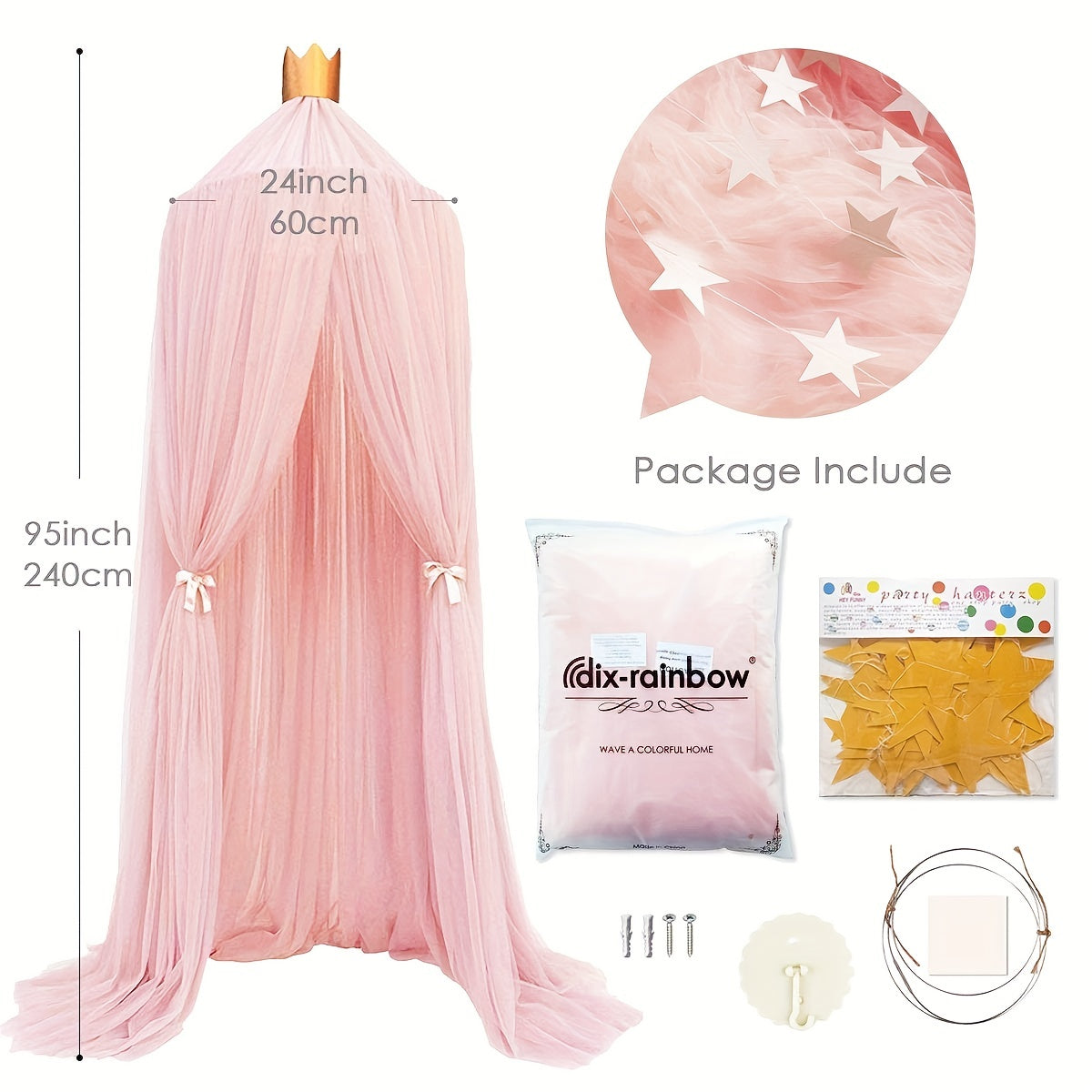 Whimsical pink princess bed canopy for girls featuring soft chiffon dome with star accents, 240.03cm height, ideal for nursery and reading corner décor.