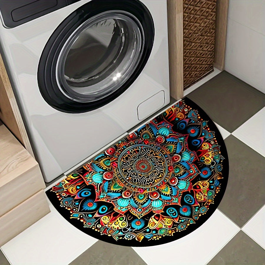 This outdoor doormat is made of finely woven high-density fine sand imitation cashmere material with a TPR bottom, featuring a half-round bohemian mandala element design. It is non-slip, wear-resistant, thick, soft, skin-friendly, and shedding-free