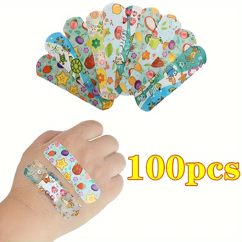 100 waterproof adhesive bandages featuring cartoon animal patterns made of cotton - ideal for outdoor medical use.