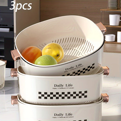 Set of 3 Daily Life Double-Layer Colanders and Fruit Bowls, Plastic Strainers with Handles for Kitchen, Detachable and Multi-use Washing Basket for Vegetables, Salad, and Rice.