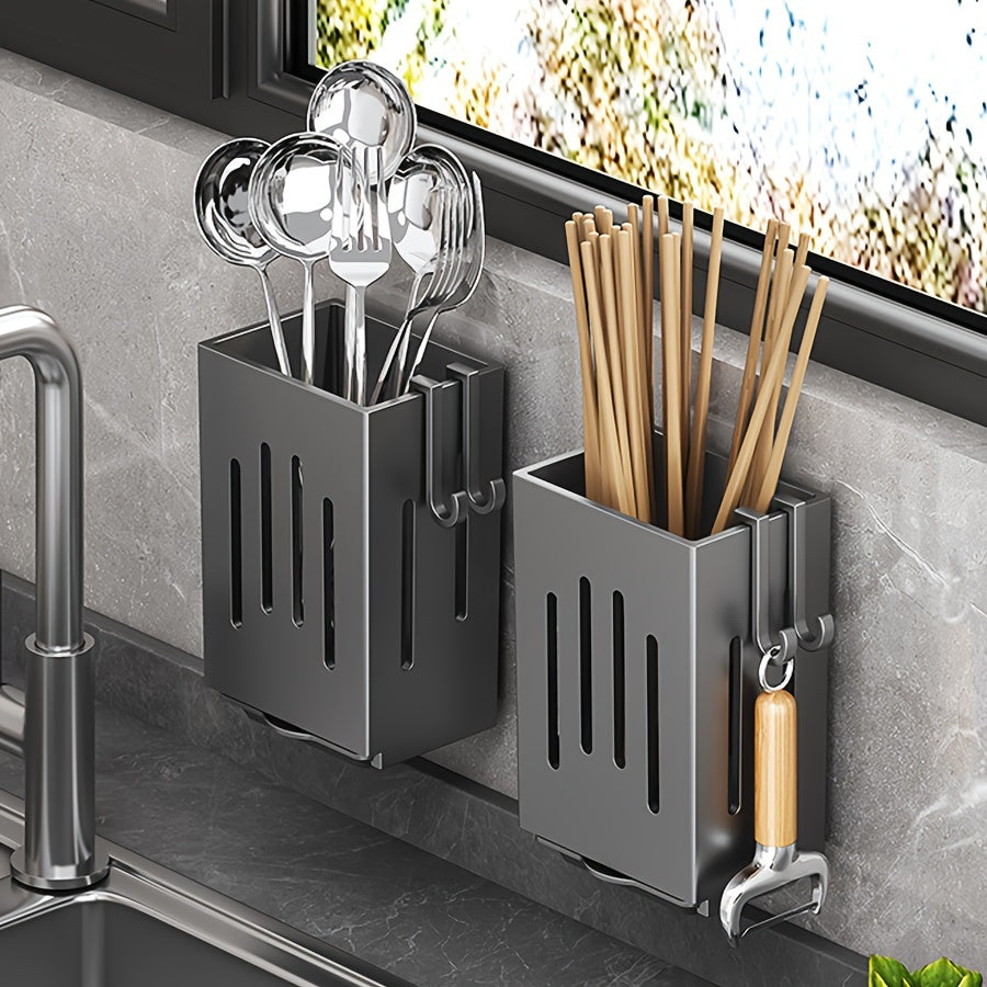 Single or double Wall-mounted Chopstick Holder for organizing chopsticks, spoons, and tableware in the kitchen. Features a no-drilling drainage chopstick tube. Perfect for storing kitchen utensils such as knives, forks, soup spoons, sponge cloths, and