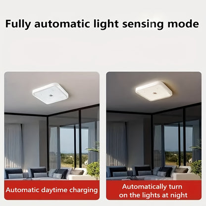 200W Solar-Powered LED Ceiling Light with Remote Control for indoor and outdoor use in various locations.