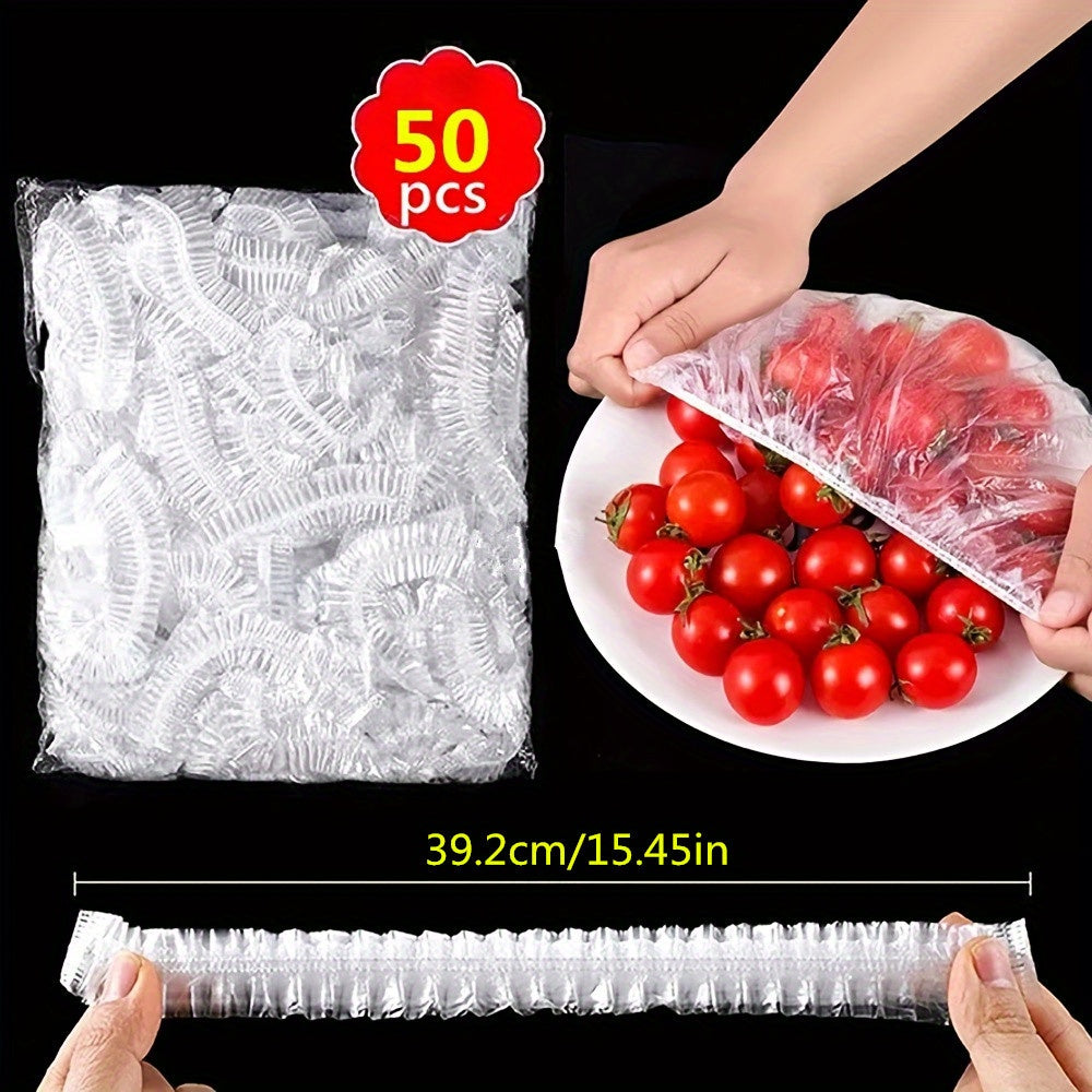 50-100 pieces of disposable fresh-keeping covers made of plastic for use in storing food. These covers are elastic and can be used to cover various storage containers in the kitchen or outdoors during picnics and camping trips.