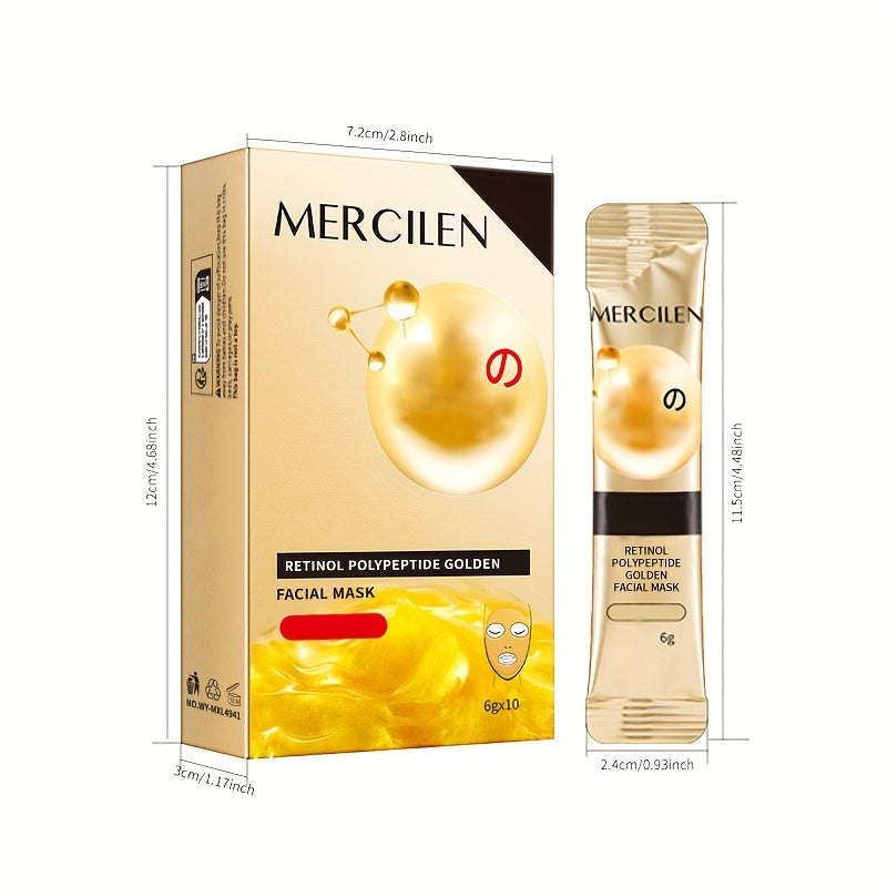 MERCILEN Retinol Polypeptide Golden Facial Mask - 10pcs, 6g each. Deep cleanse, firm, and moisturize for smooth, radiant skin. Contains Hyaluronic Acid & Vitamin E. Suitable for all skin