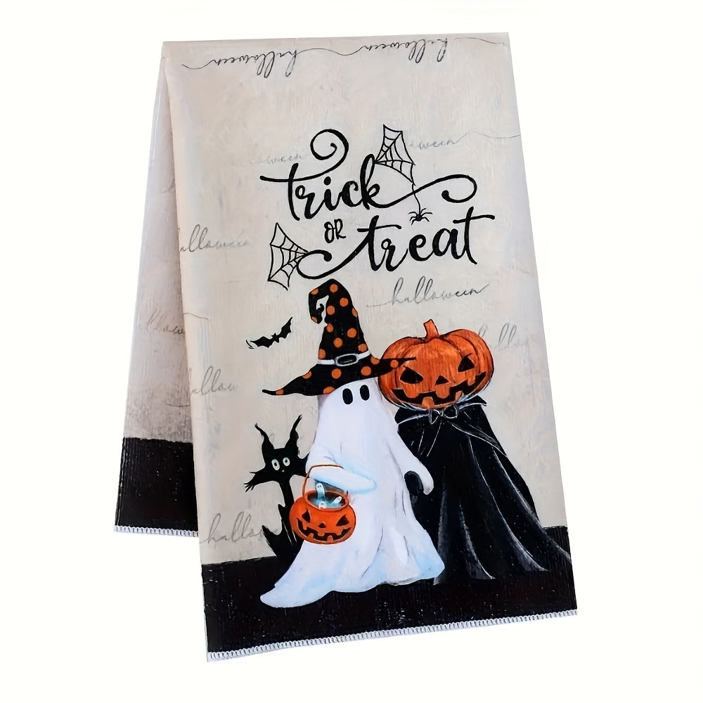 1 piece Halloween kitchen towel made of polyester microfiber that is super absorbent and constructed with non-woven fabric. This machine washable towel features a vintage pumpkin and ghost design, making it perfect for use as a multipurpose dish cloth