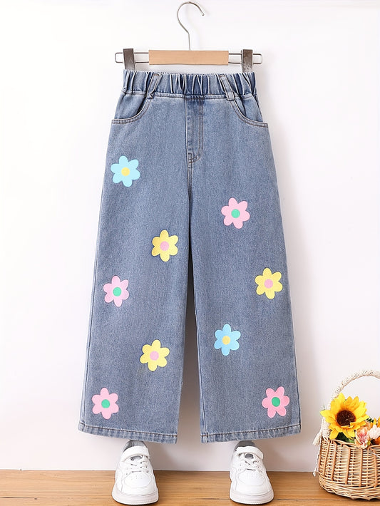 Girls' floral wide-leg denim jeans with elastic waistband, perfect for spring and autumn outdoor wear.