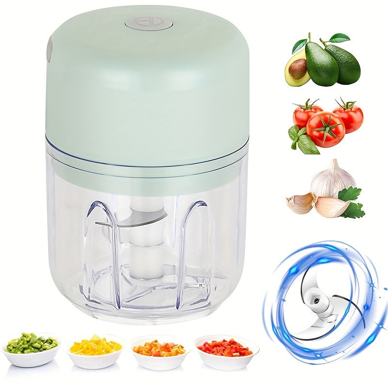 Portable mini food processor with stainless steel blades, USB rechargeable, 1200RPM speed, speed control, easy to clean, 250ML capacity, lithium battery.