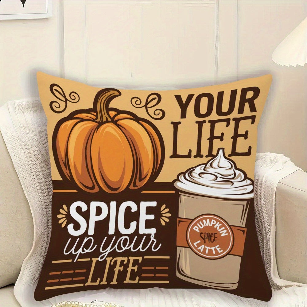 Autumn Pumpkin & Latte Design Pillow Cover - 1pc, Single-Sided Print, Made of Durable Polyester Fiber, Festive Home Decor for Sofa & Living Room, Size: 45.72x45.72 cm