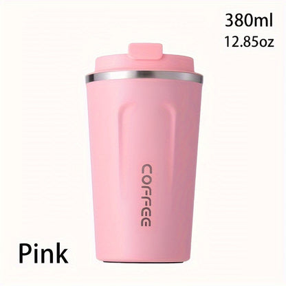 Reusable stainless steel travel mug in 12.85oz/17.25oz sizes, leak-proof and insulated for hot or cold drinks, ideal for both summer and winter, perfect birthday gift. Hand wash only.