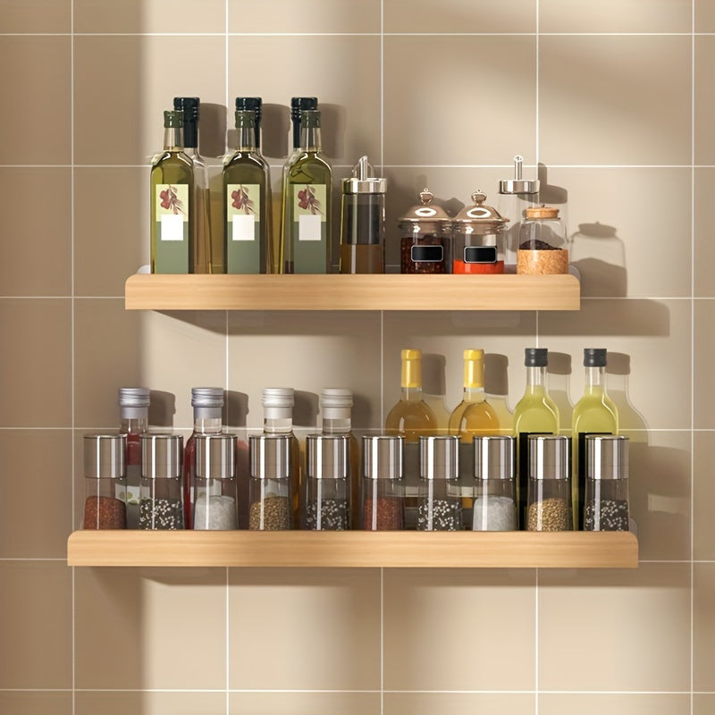 Wood and metal kitchen spice rack with hooks. Wall-mounted for modern style and efficient storage. Multifunctional shelf for kitchen accessories. Hardwood organizer for spices without the need for electricity.