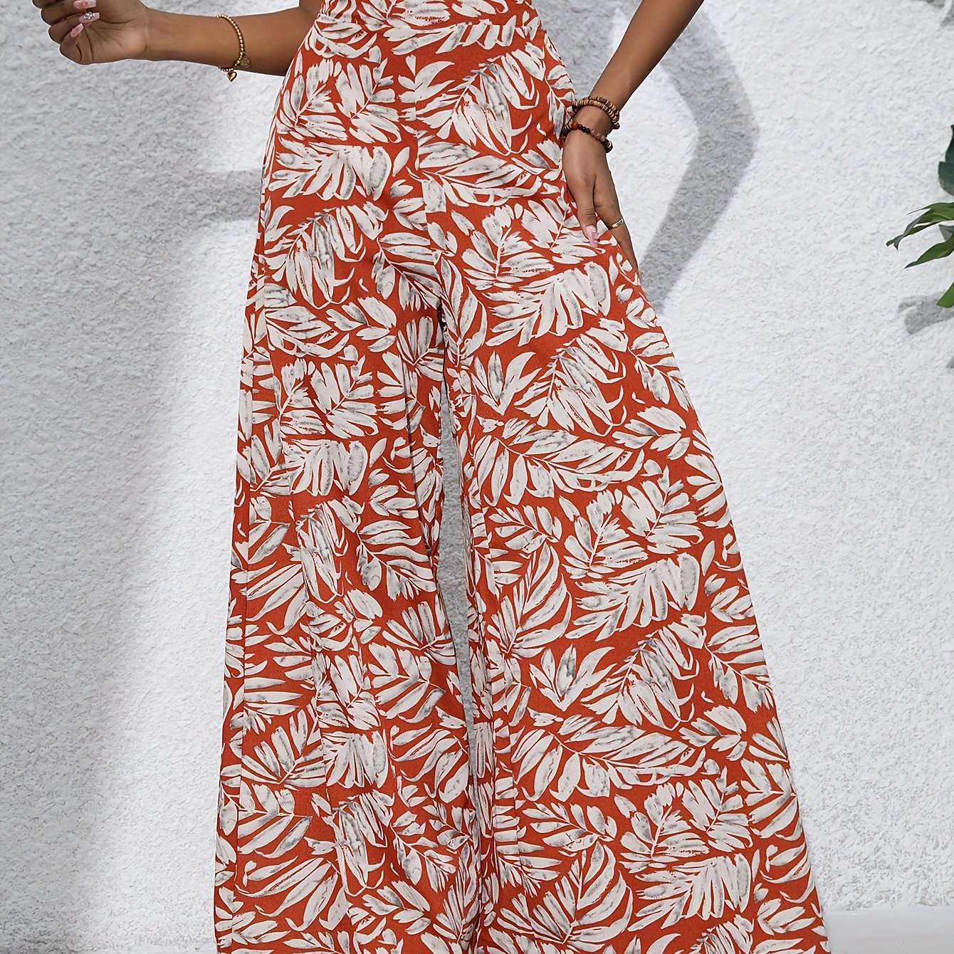 Boho Plants Print Pants - High Waist Wide Leg Palazzo, Women's Summer Beach Wear