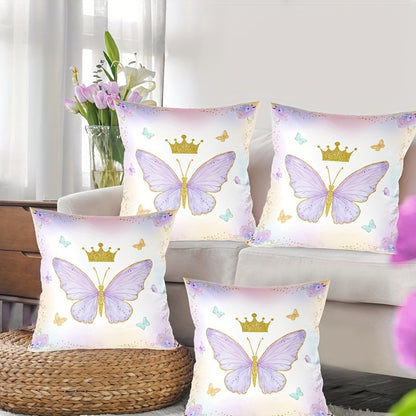 Chic pink and purple butterfly pillow cover made of soft peach skin polyester with zip closure, ideal for living room, bedroom, and party decor.