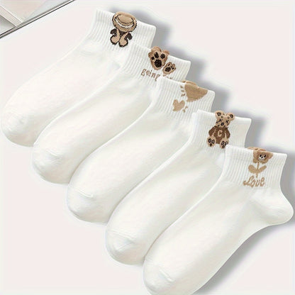 5 pairs of cute cartoon print white socks for women, soft and breathable.