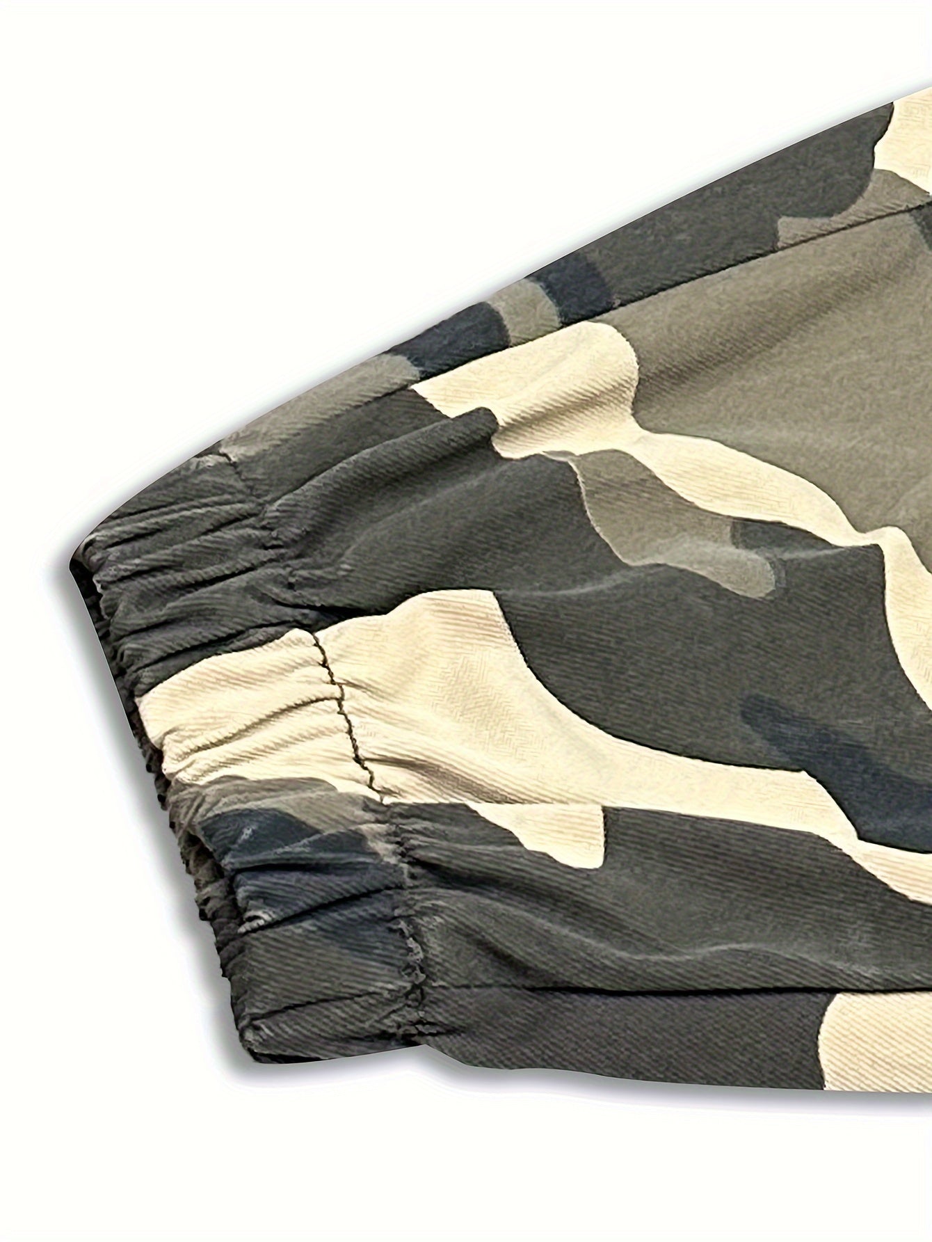 Men's camo cargo pants made from 100% non-stretch polyester fabric with a drawstring waist and flap pockets. Suitable for outdoor work.