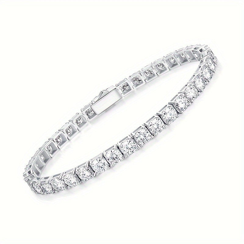 Sterling Silver Diamond Tennis Bracelet featuring a stunning 1pc Moissanite stone, totaling 15.5-19 carats. This beautiful piece is crafted with lab-grown diamonds and set in 925 sterling silver. The 5mm D Color VVS1 Round Cut Moissanite adds a touch of