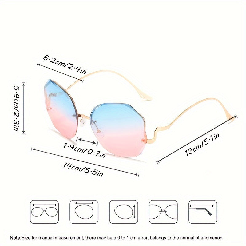 Luxury frameless round glasses for women with stylish gradient lenses and metallic finish.