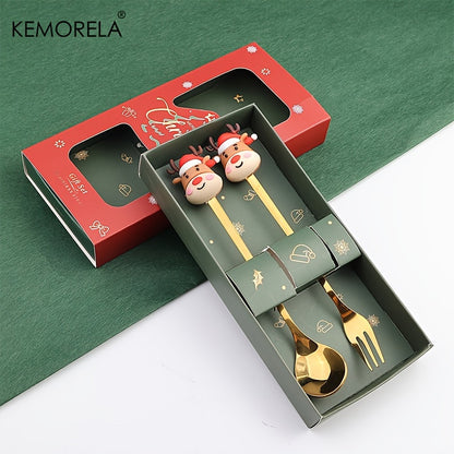 KEMORELA 4/6pcs Stainless Steel Mini Fork and Spoon Set with Q Version Cartoon Design for Christmas and Halloween festivities. Perfect holiday gift.