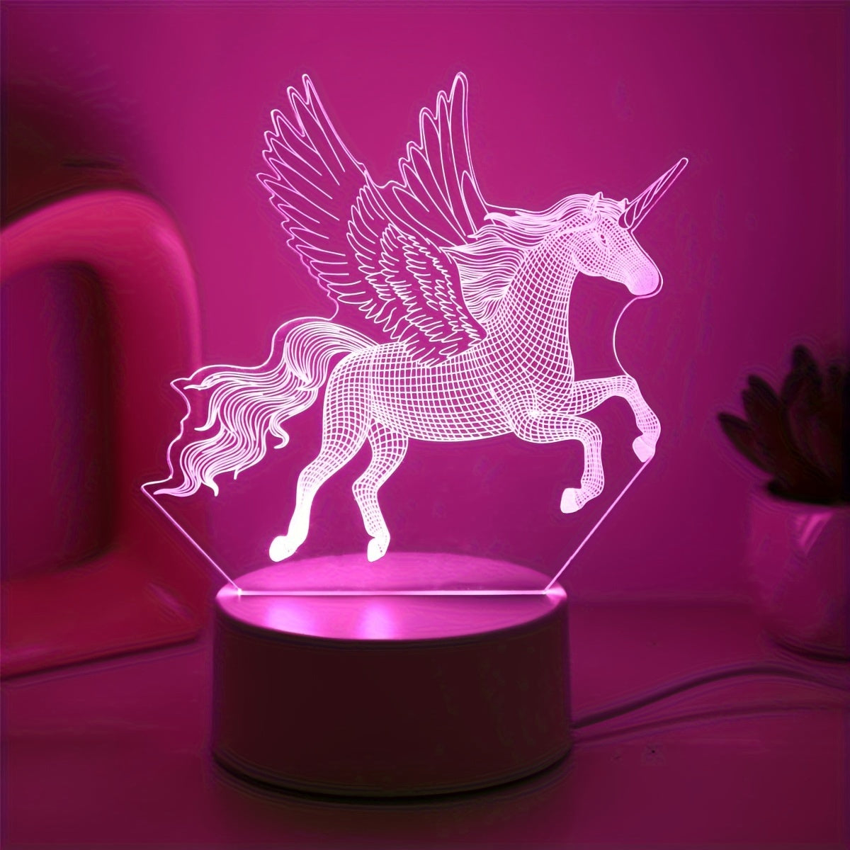 Pink unicorn night light for kids' bedrooms.