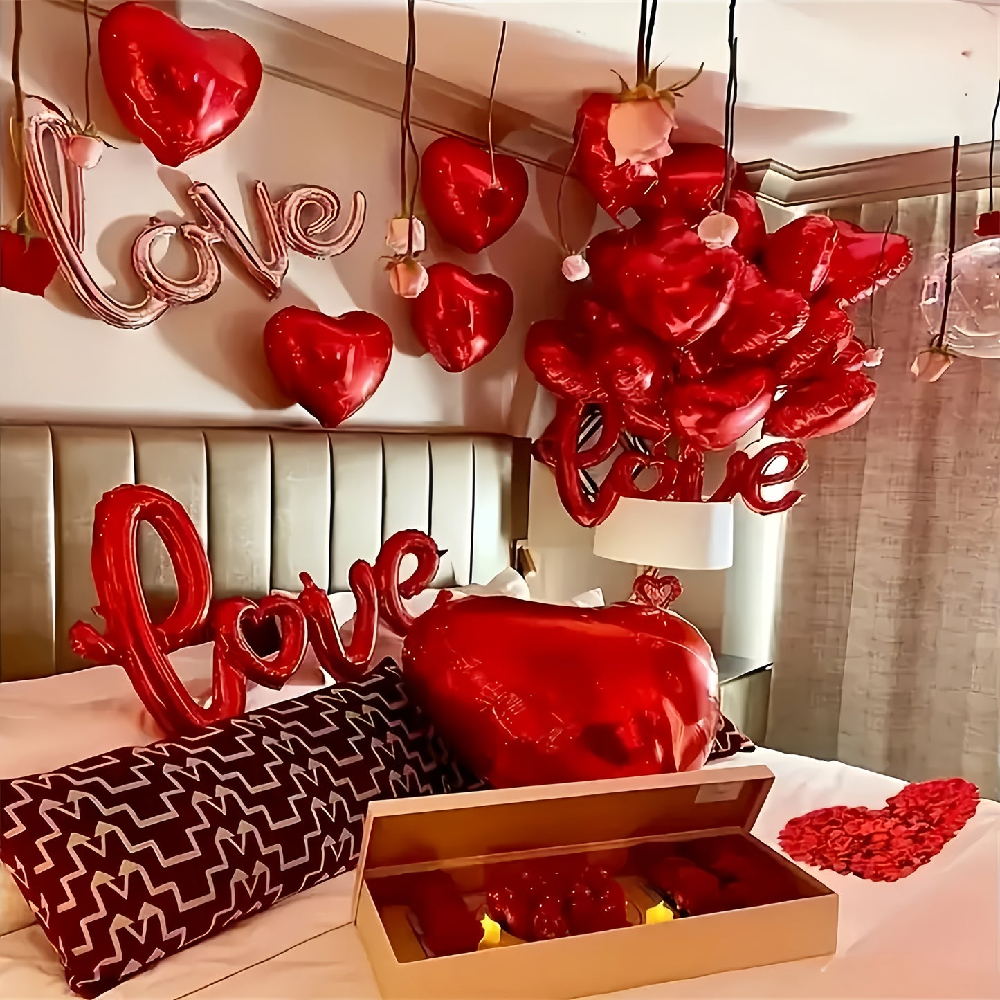 Romantic Valentine's Day decoration kit includes 1 set of balloons, 500 red rose petals, 20 red heart foil balloons, and 1 love letter balloon. Perfect for various celebrations and