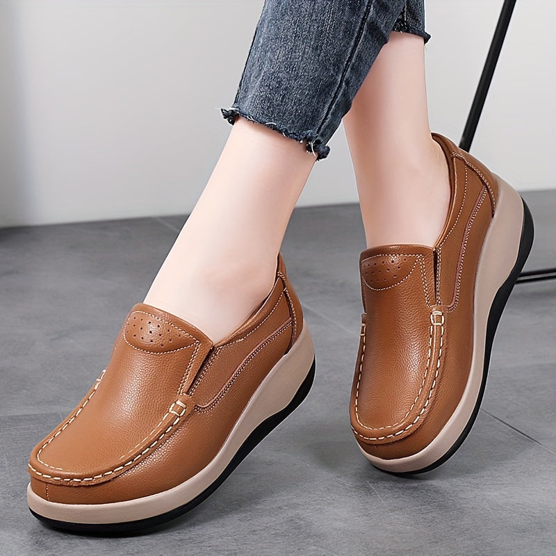 Quanzhou Genuine Faux Leather Platform Loafers for Women - Lightweight Slip-on Fashion Sneakers with Round Toe, Soft PU Sole, Mid Top Design, Comfort Insole, All-Season Shoes