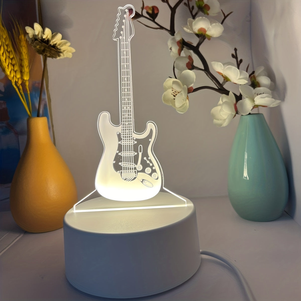 3D Guitar night light with warm white base, perfect gift for friends or room decoration.