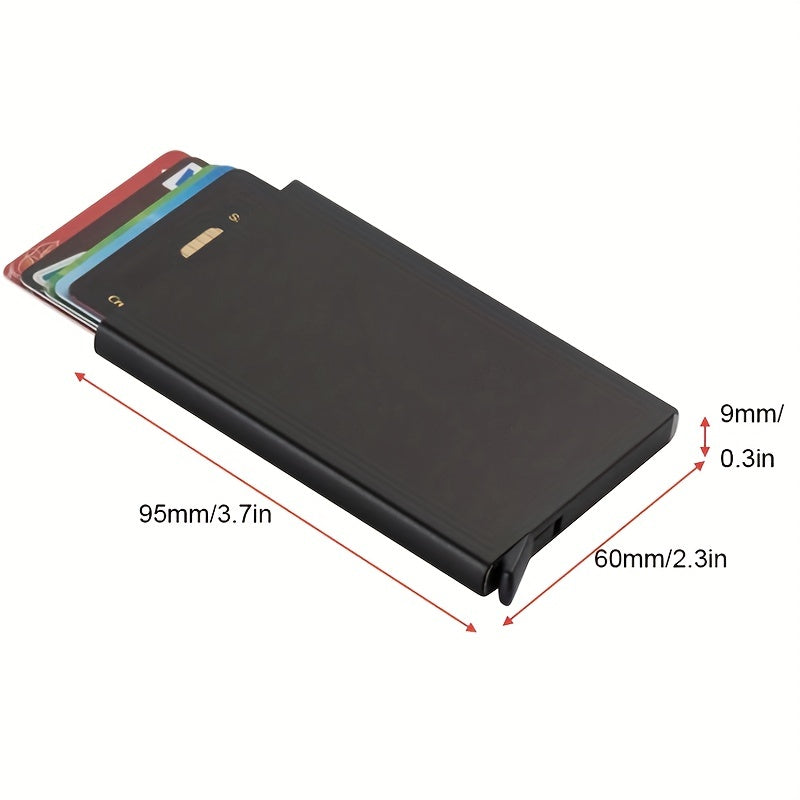 Aluminum RFID-blocking wallet with slim design for men and women, protects cards from damage and theft.