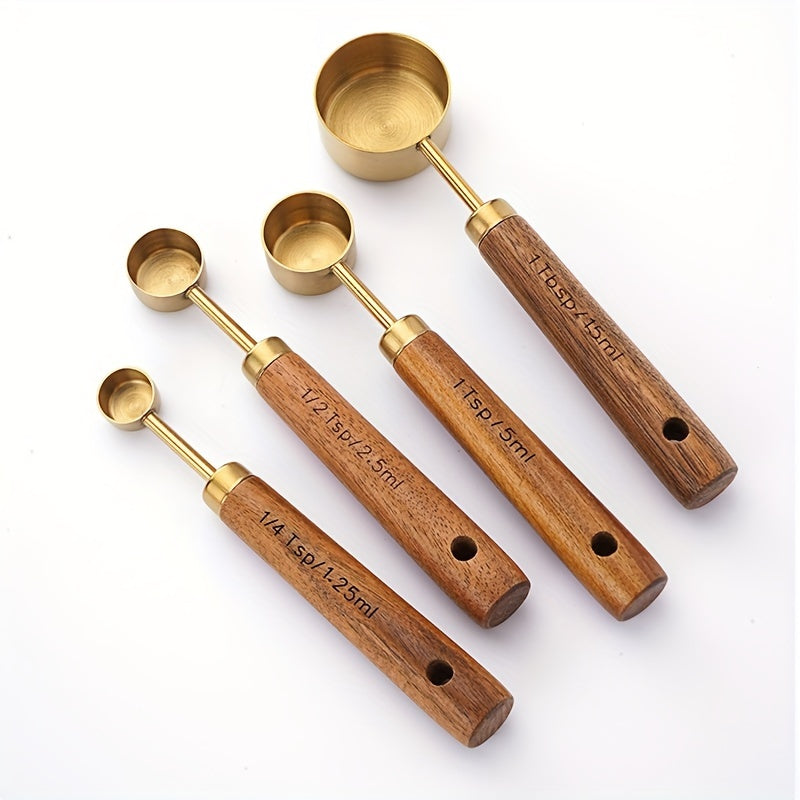 Set of 4 measuring cups and 4 measuring spoons, with both metric and US measurements. Features wood handles, high-quality stainless steel construction, golden polished surface. Ideal for measuring dry and liquid ingredients while cooking and baking.