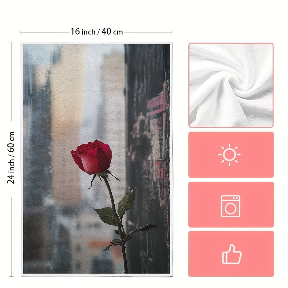 Set of 2 Ultra Soft Kitchen Towels featuring a Romantic Valentine's Rose Design. These towels are highly absorbent and machine washable, made of contemporary polyester material. Perfect for holiday decor, these dish hand towels measure 40.64x60.96 cm.