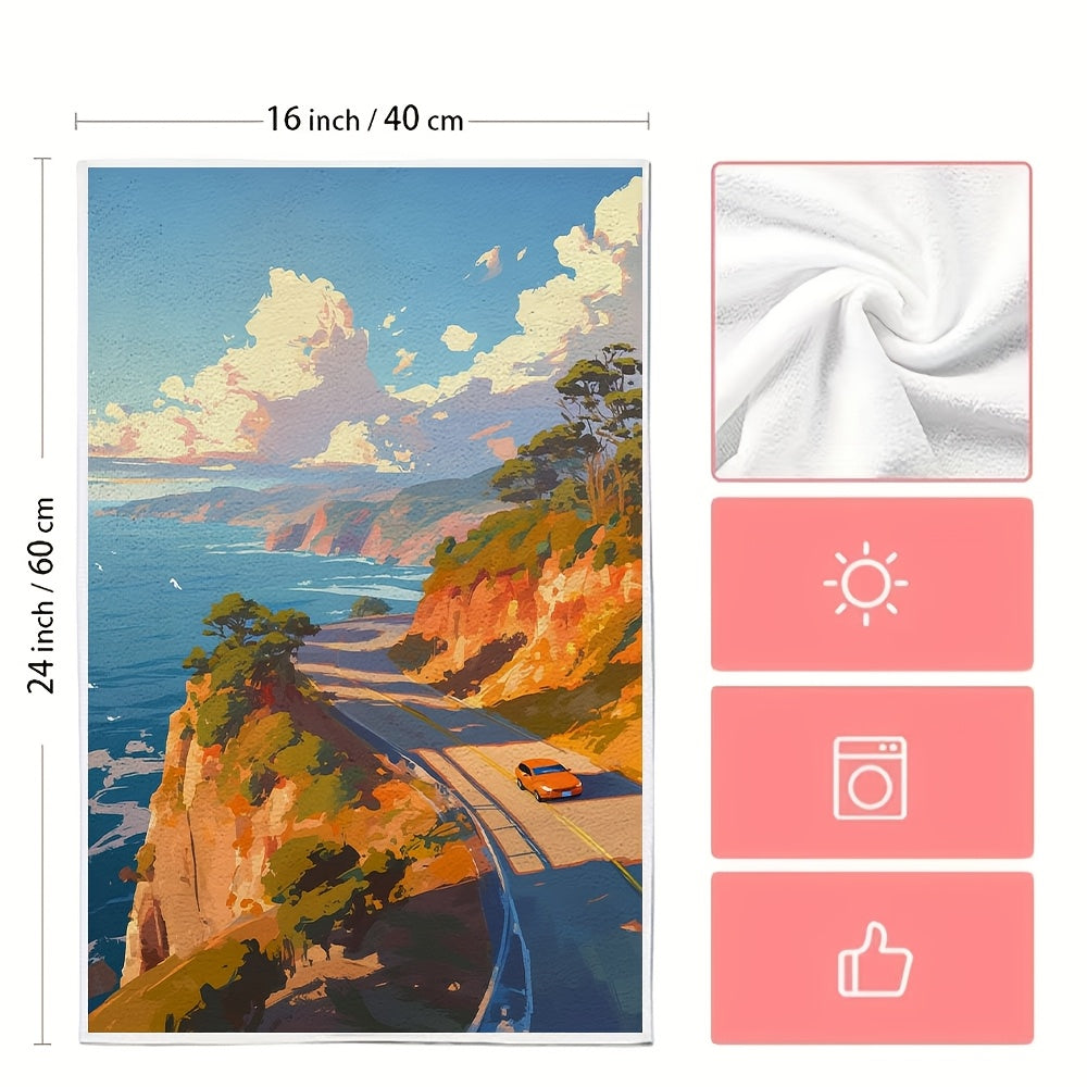 2 pieces of luxurious kitchen towels, perfect for a scenic drive along the coast. These ultra soft and highly absorbent dish hand towels are ideal for holiday decor. Easily machine washable and measuring 16x24 inches each. Item number: 2KYSMF1214220