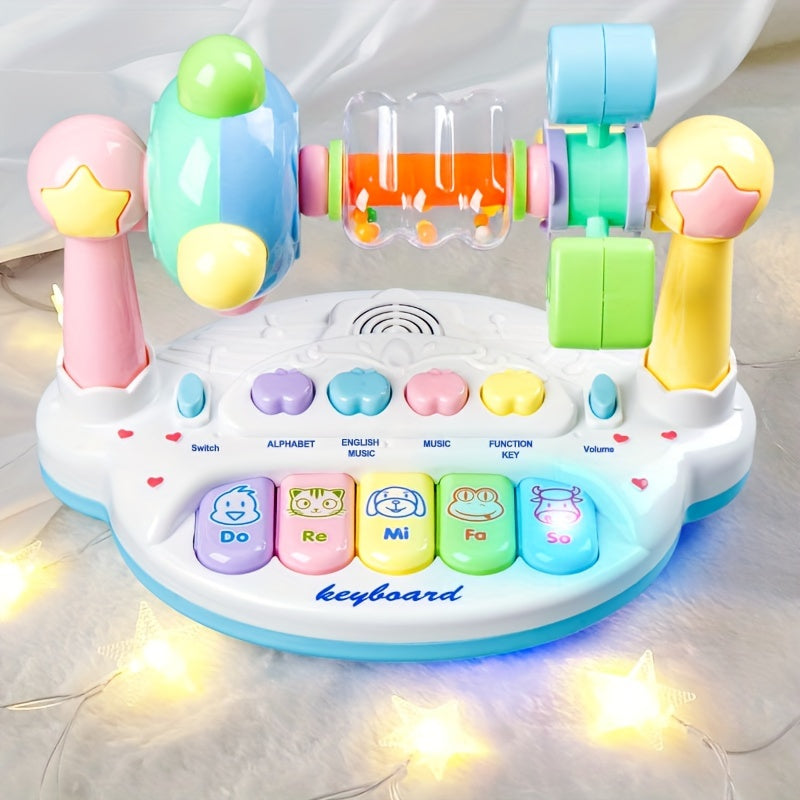 Educational Toy for Boys & Girls: Multi-Functional Kids Electronic Music Piano with Shaking Bells, Lights, and Alphabet & Piano Keys, Soft Lighting and Fun Spinning, White