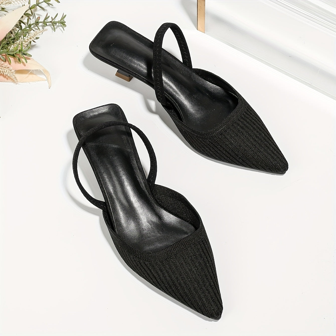 Solid color knit mules for women with flared heel and slingback style, featuring a trendy point toe design for comfort.