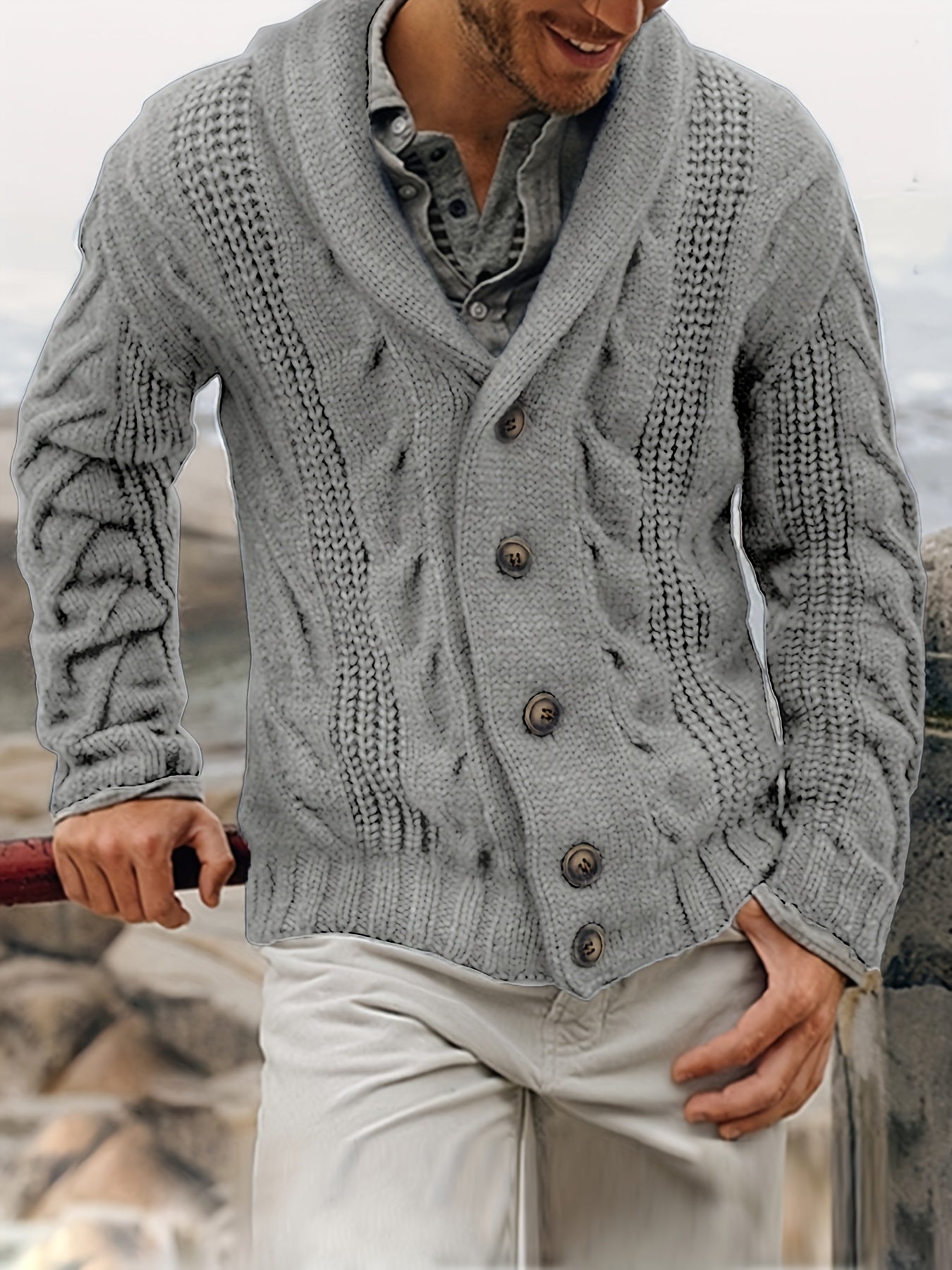 Men's casual knit polyester cardigan sweater in solid color with long sleeves, drop shoulder, lapel collar, button details; ideal for fall/winter layering. Features a classic, relaxed fit