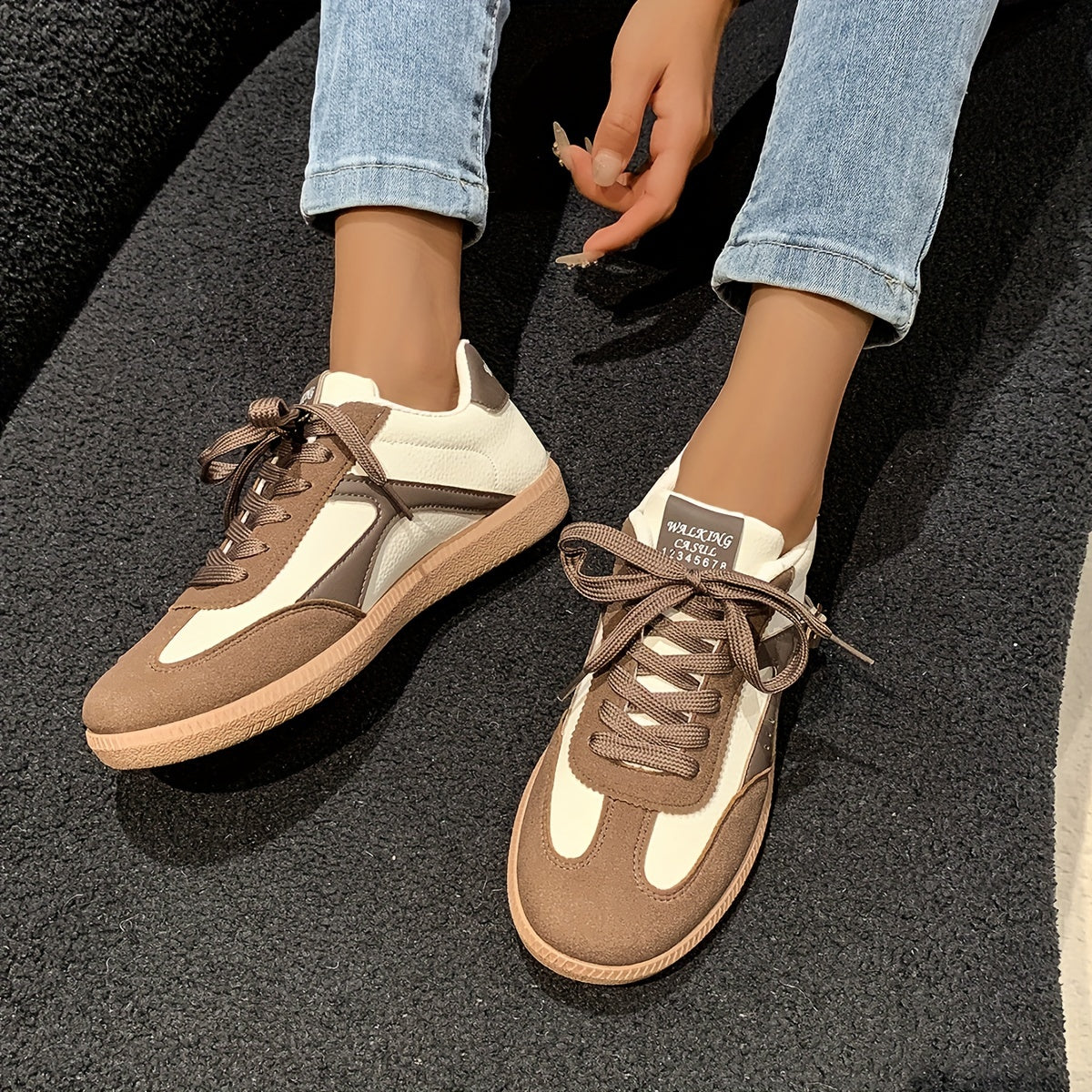 Women's Two-Tone Casual Sneakers with Strap Accents - Lightweight & Comfortable, Low-Top Lace-Up Shoes, Breathable Mesh Lining, Rubber Sole - Perfect for All Seasons