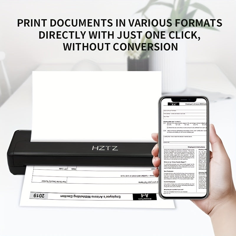 HZTZ A4 Portable Thermal Printer with wireless and USB connectivity, inkless monochrome output, supports various file types, high-definition printing, 2000mAh rechargeable battery