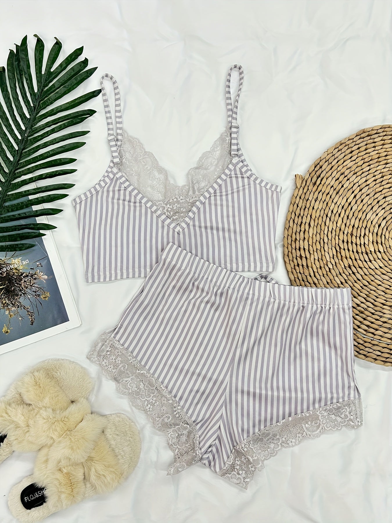 Women's striped pajama set with lace trim, crop top, mini shorts, and relaxed fit