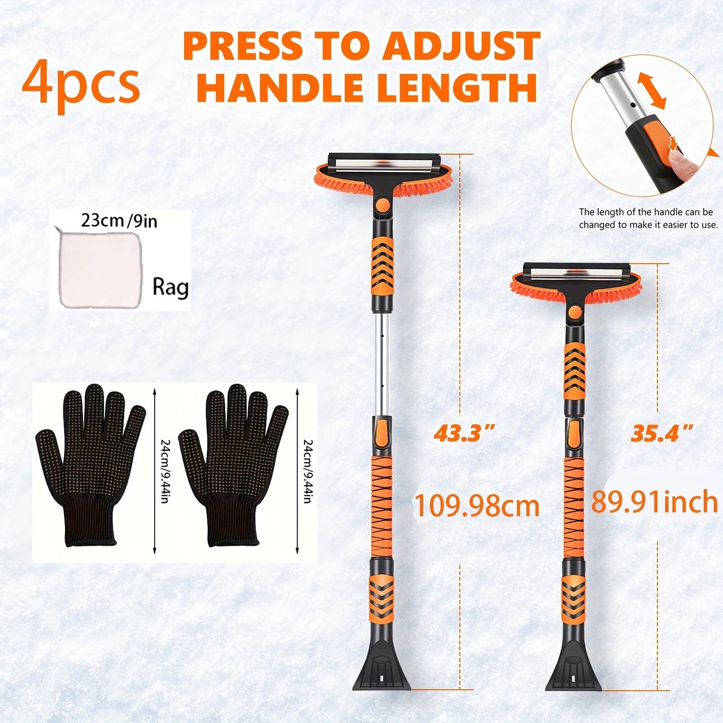 Winter Snow Broom with Extendable Snow Shovel, Car Glass Scraper, and Non-Slip Warm Gloves. PVC Soft Bristle Ice Scraping Tool for Heavy Snow. Outdoor Cleaning Accessory. Pack of 4pcs. Length: 109.98cm.